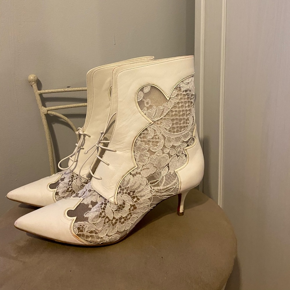 Christian Louboutin white lace booties